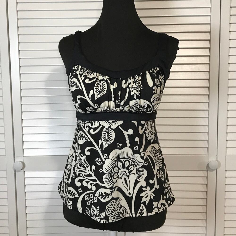 Caribbean Joe Swimwear Y2K Retro Black White Floral Empire Waist Tankini Top 12